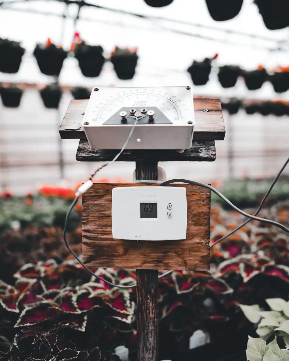 A climate sensor mounted on a post among flowering plants in a glasshouse